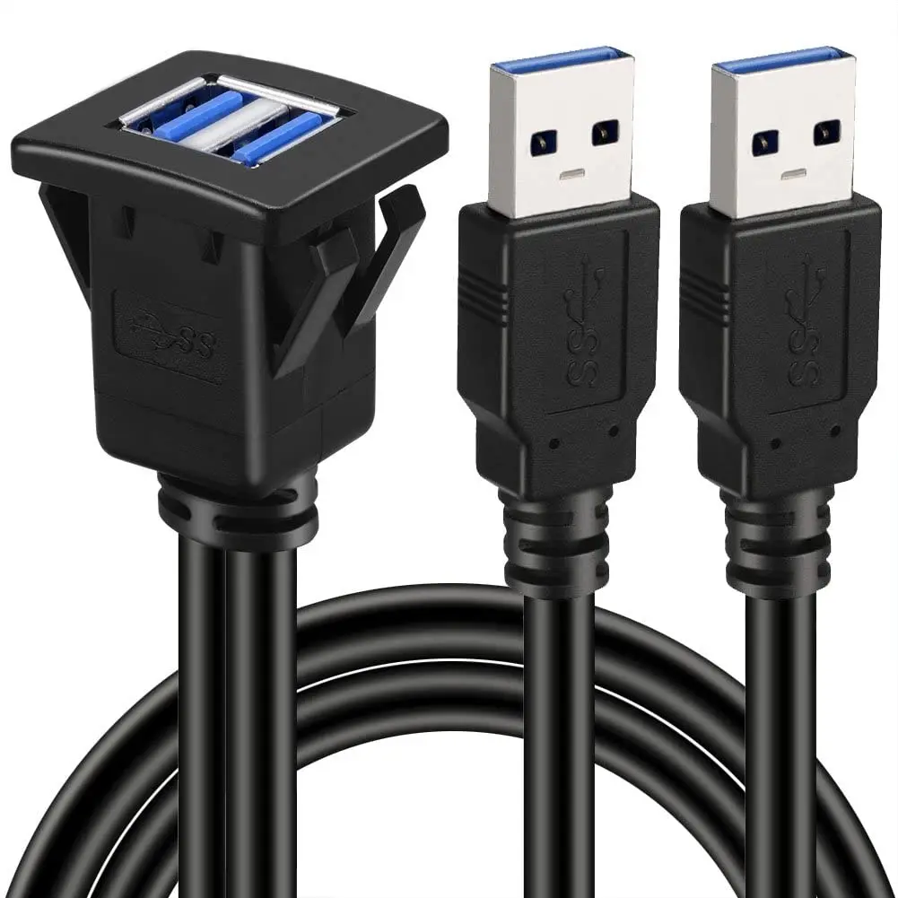 Dual Ports Square USB 3.0 Panel Flush Mount Extension Cable with Buckle for Car Truck Boat Motorcycle Dashboard 3ft