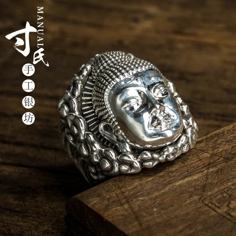 Cunshi original foot silver 999 sterling silver Amitabha ring retro Buddha Buddha Buddha head ring