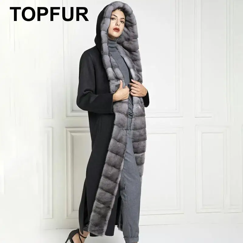 TOPFUR New Real Fur Women Winter Wool Nizi Coat With Mink Fur Black Coat With Hood Lapel Collar Slim Natural Mink Fur