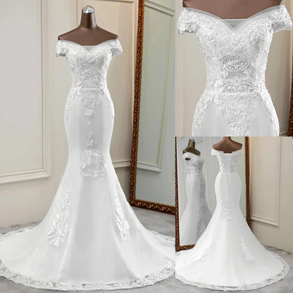 New mermaid wedding dresses elegant wedding gowns flower pattern robe de mariee boat neck bride dress marriage applique