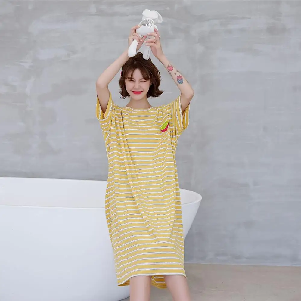 

Big&Wide Sleepwear Ladies Loose Nightwear Sleep Wear Night Gown Home Dress Women Oversize Fruits Embroidery Long Nightgown