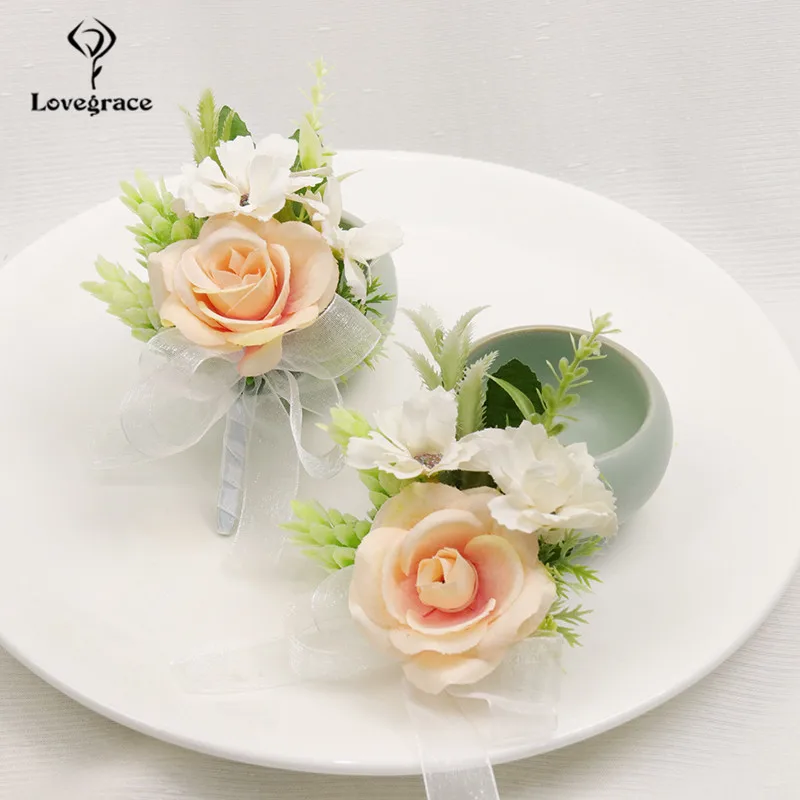 ปลอม Rose Corsages ผ้าไหมสร้อยข้อมือเพื่อนเจ้าสาวเจ้าบ่าว Boutonniere Buttonhole วางแผนจัดงานแต่งงานแต่งงาน Corsage ดอกไม้