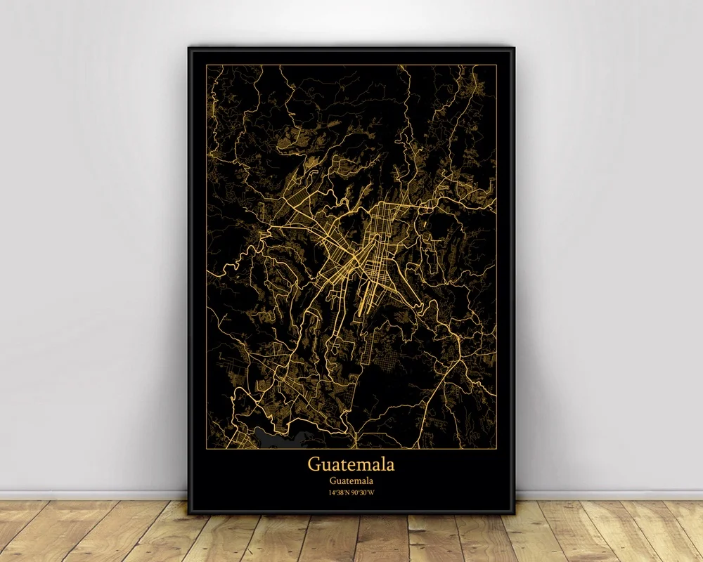 Guatemala Guatemala Black&Gold City Light Maps Poster Custom World Art Canvas painting wall art for living room Home Decor