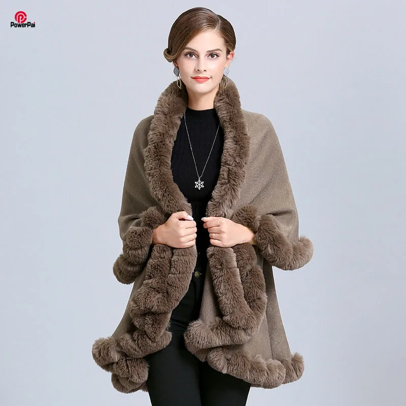 Fashion Full Handcraft Trim Rabbit Fur Coat Cape Women Double Layer Knit Cardigan Faux Fur Shawl Cloak Fall Winter Wraps Warm