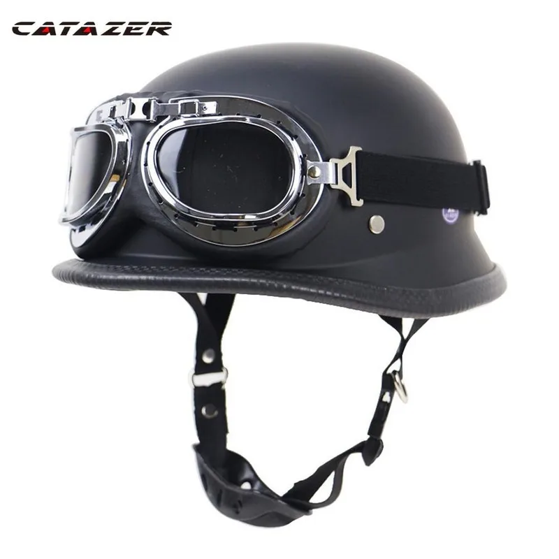 New Leather Motorcycle Helmet German Motorcycle Open Face Half Helmet Chopper Biker Pilot 5 Sizes Black