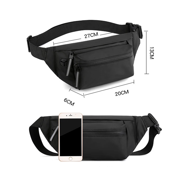 Men Black Waterproof Outdoor Waist Bag Casual Travel Sports Chest Bag Fanny Pack Fashion Crossbody Bag Nylon Bum Pouch