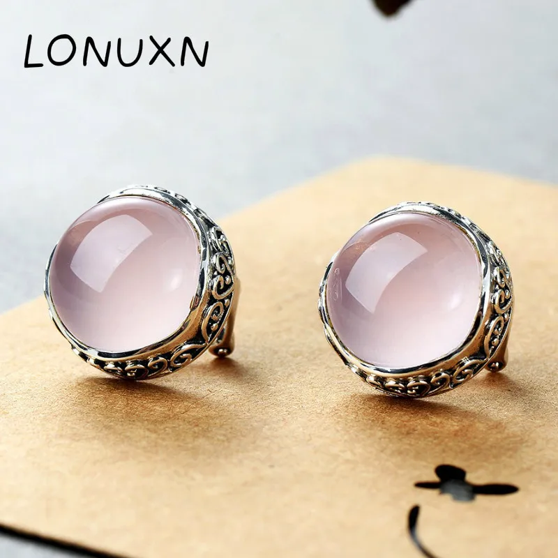 High Quality 925 Sterling Silver Girls Bohemian Retro Pink Crystal Natural Stone Rose Quartz Earrings Female Jewelry Fashion