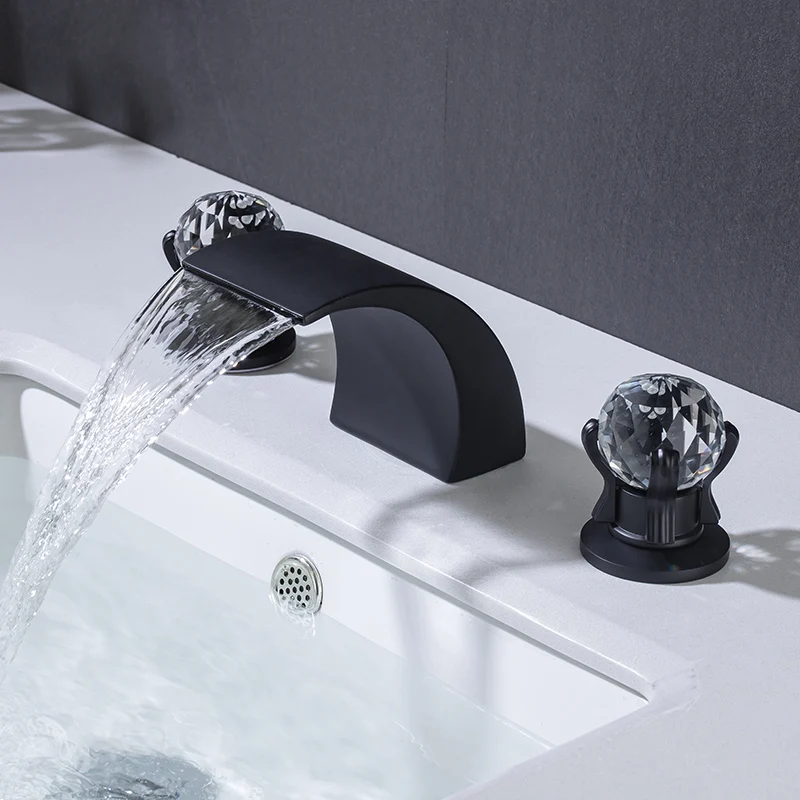 Luxury High Quality Brass and Crystal Bathroom sink faucet Black 2 Handles 3 Holes Basin Mixer Tap Popular Cold hot water faucet