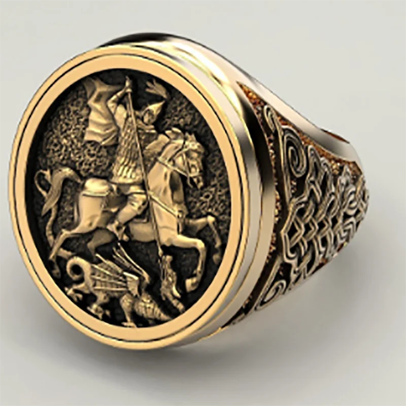 Punkboy Unique Men's Domineering Knight Horse Dragon Craved Geometric Pattern Metal Ring for Party Jewelry Size 6-13 - Image 3
