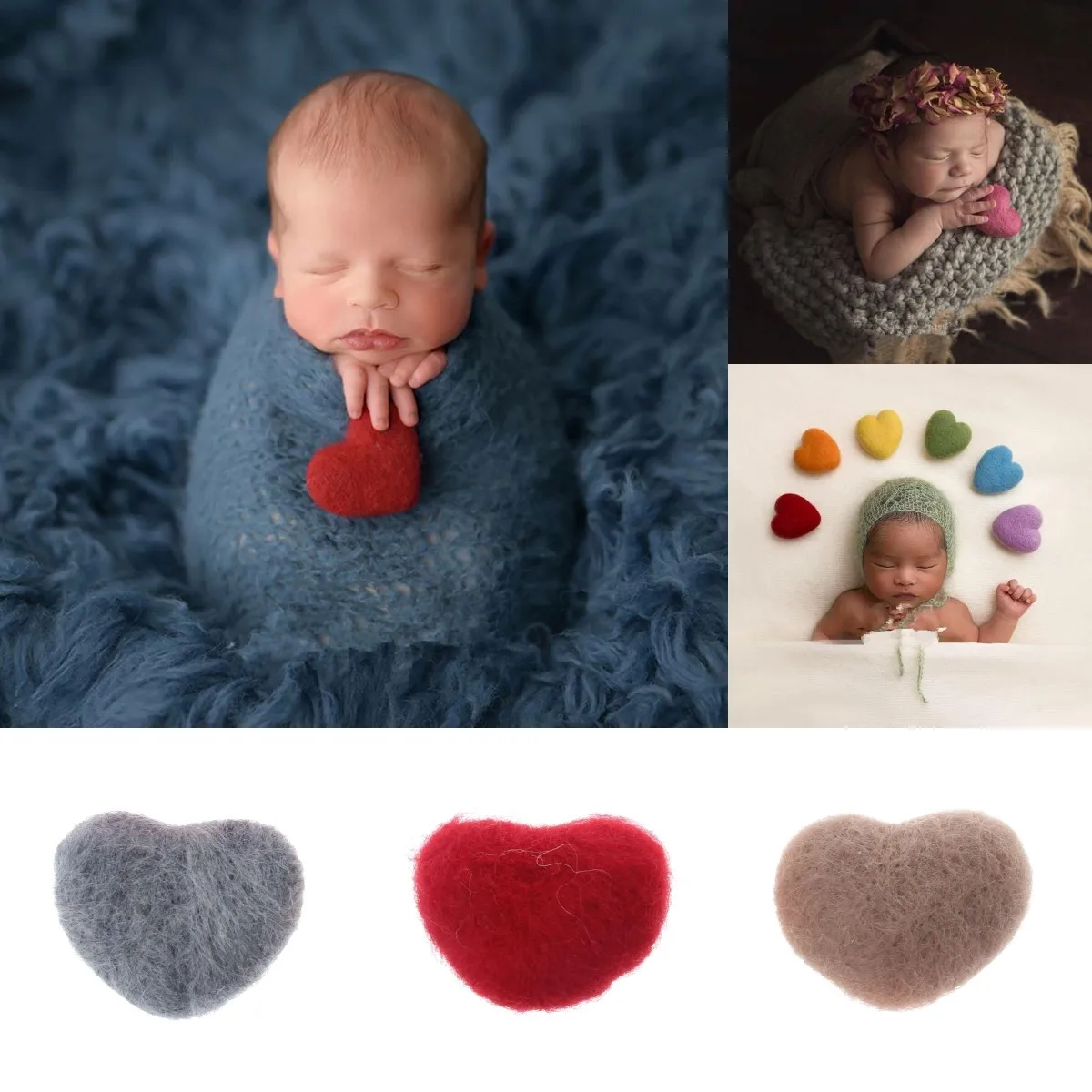 Accesorios de fieltro para fotografía de recién nacido, accesorios en forma de corazón, artesanía hecha a mano para sesión de fotos de bebé y niña