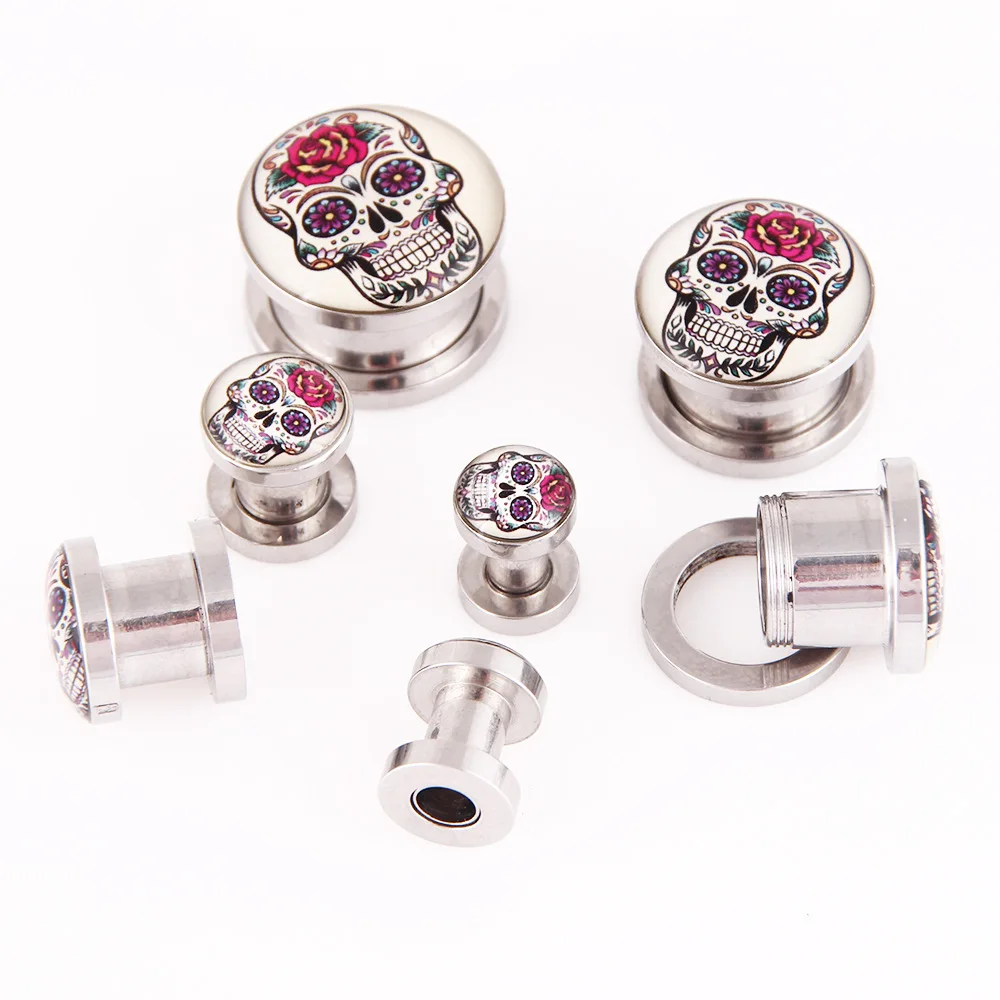 1Pair Stainless Steel Cat Skull Ear Stretchers Plugs And Tunnels Earring Gauges Ear Expanders Dermal Piercing Oreja Dilataciones