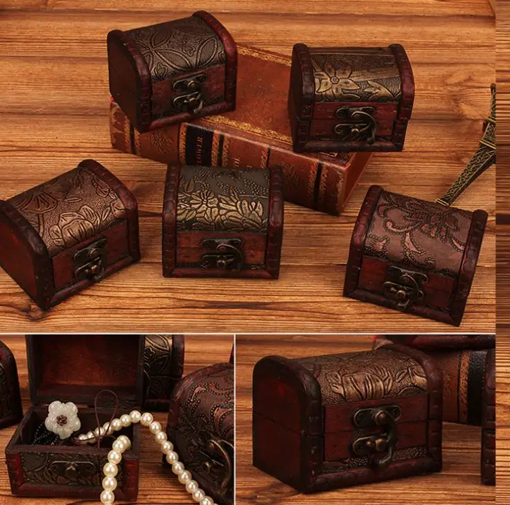 100pcs Small Vintage Trinket Boxes Wooden Jewelry Storage Box Treasure Chest Jewelry Case Home Craft Decor Randomly Wholesale