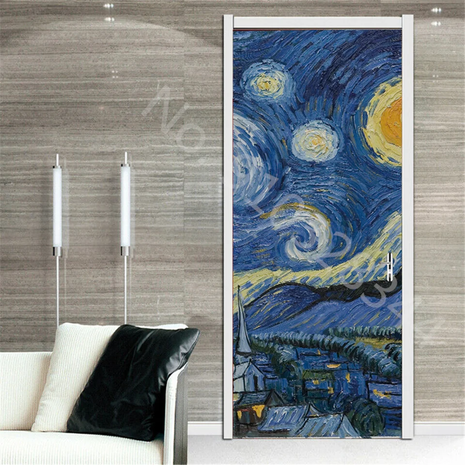 Oil Painting Door Sticker 3D Self-Adhesive Wallpaper For Porch Living Room Decoration Mural Interior Doors Cover Home Design Art