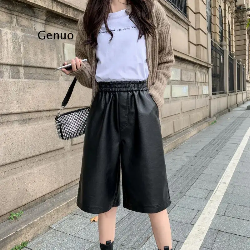 PU Leather Shorts Women's Autumn Summer Elastic Waist Loose Five Points Leather Trouser Shorts