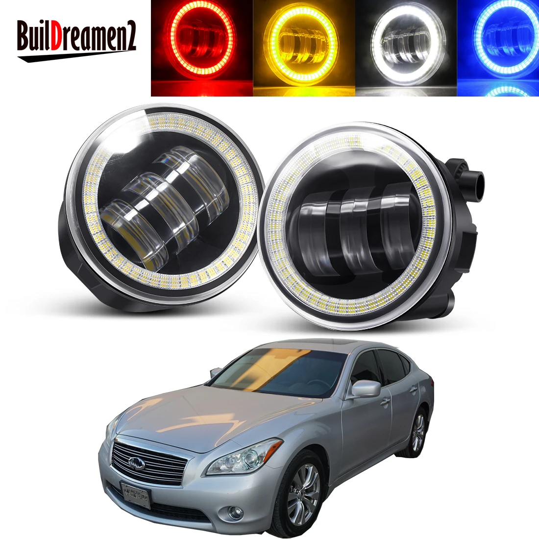 2 X Angel Eye Fog Light Assembly 30W Car Front Bumper LED Lens Fog Daytime Driving Lamp DRL 6000LM For Infiniti M M35H M37 M56