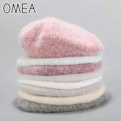 OMEA Angora Rabbit Hair Hat Winter Knitted Women Berets Hat Solid Color French Hat Berets Caps for Women Warm Beanie Beret 2019