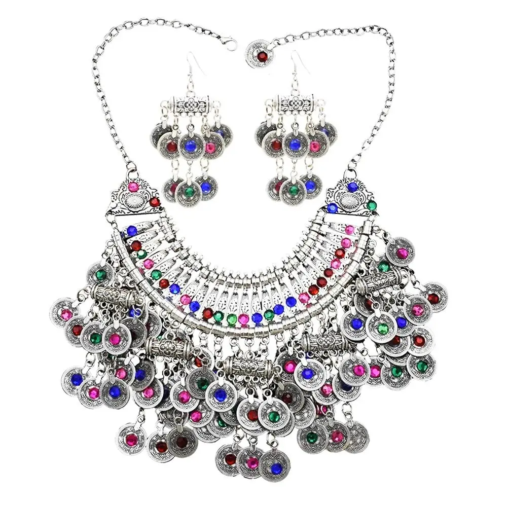 Afghan Silver Color Coin Tassel Bib Statement Necklace & Earring Sets for Women Turkish Gypsy Rhinestone Necklace Party Jewelry