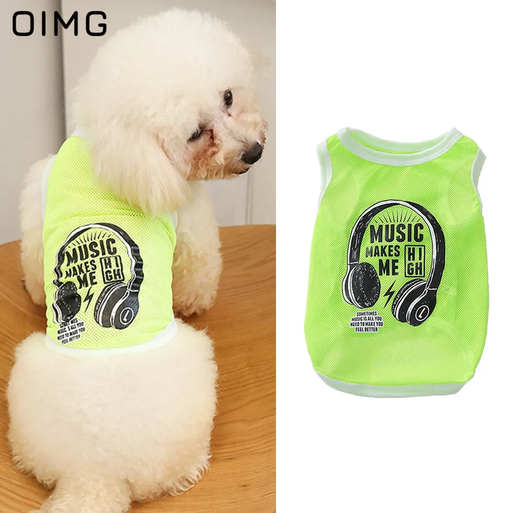 OIMG Funny Small Dogs Clothes Teddy Chihuahua French Bulldog Music Headset Print Cat Dog Shirts Mesh Breathable Puppy T-shirts