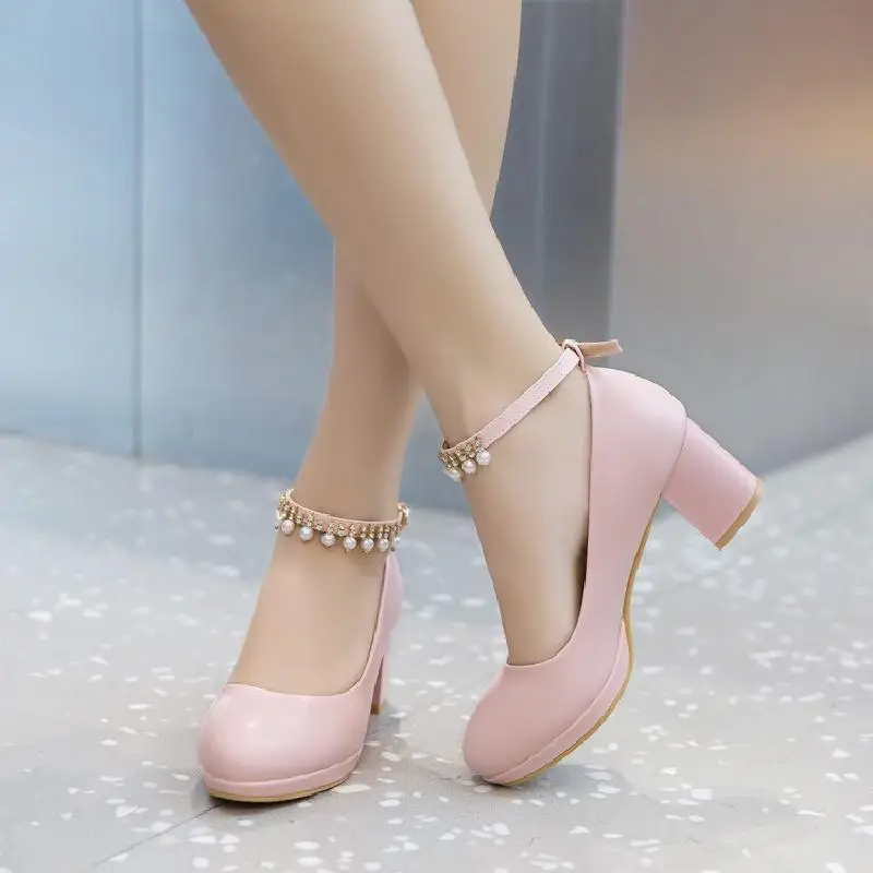 NEW Women Wedding Shoes Crystal Preal Ankle Strap Bridal Shoes Woman Dress Shoes  Pumps Sweet Party Shoes