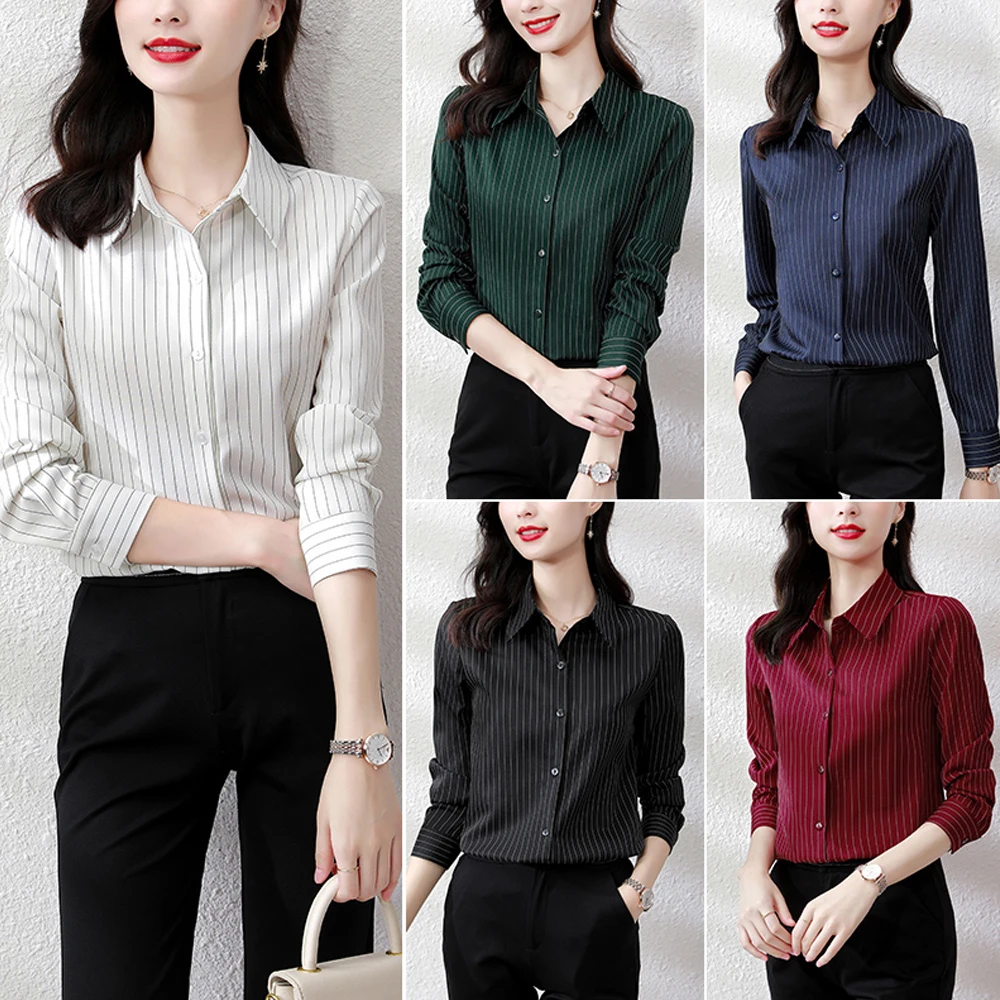 Vintage Striped Shirts Women Korean Fashion Long Sleeve Blouse Tops Women Elegant Office Lady Formal Clothing 2024 Blusas Mujer