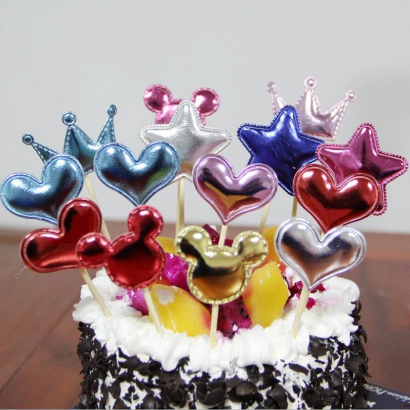 5pcs/lot Heart Crown Star Shape Cake Topper Happy Birthday Cupcake Topper Wedding Baby Shower Baking Cake Top Flag Decorations