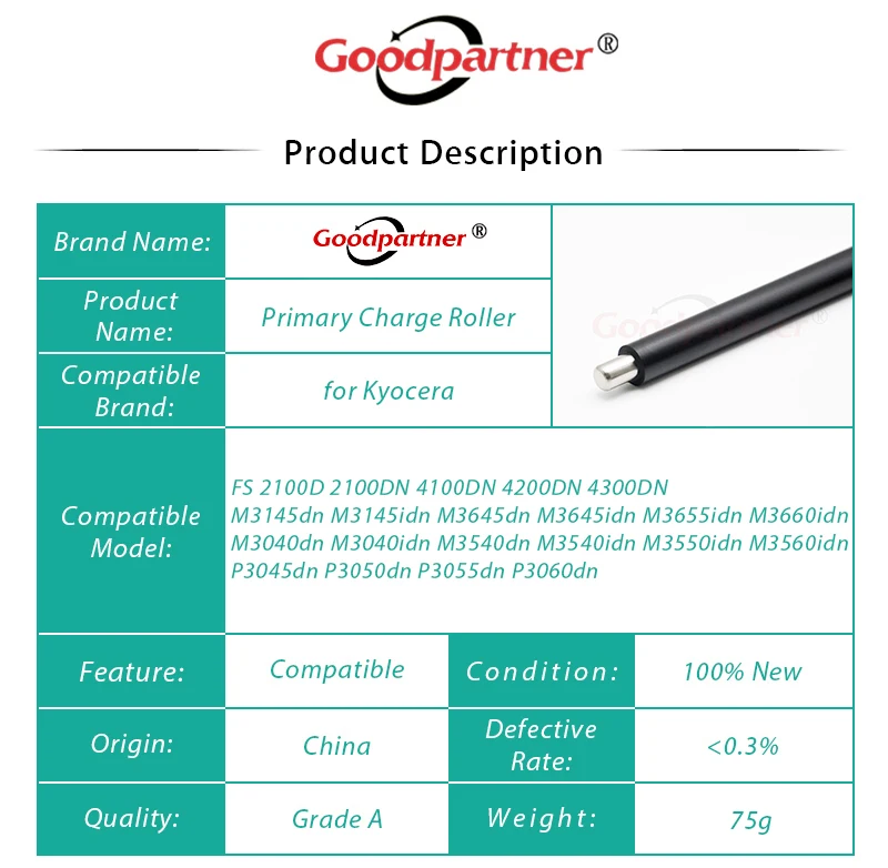 Rouleau de charge primaire pour Kyocera Elasticity, 10X, 2100, 4100, 4200, 4300, P3045, P3050, P3055, P3060, M3040, M3Bahn, M3540, M3550, M3560,