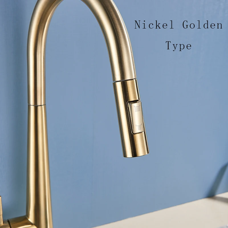 Thickened Brass Brushed Nickel Golden Kitchen Faucet  Pull Out Spray Kitchen Tap 360° Rotatble Hot Cold Sink Mixer Crane