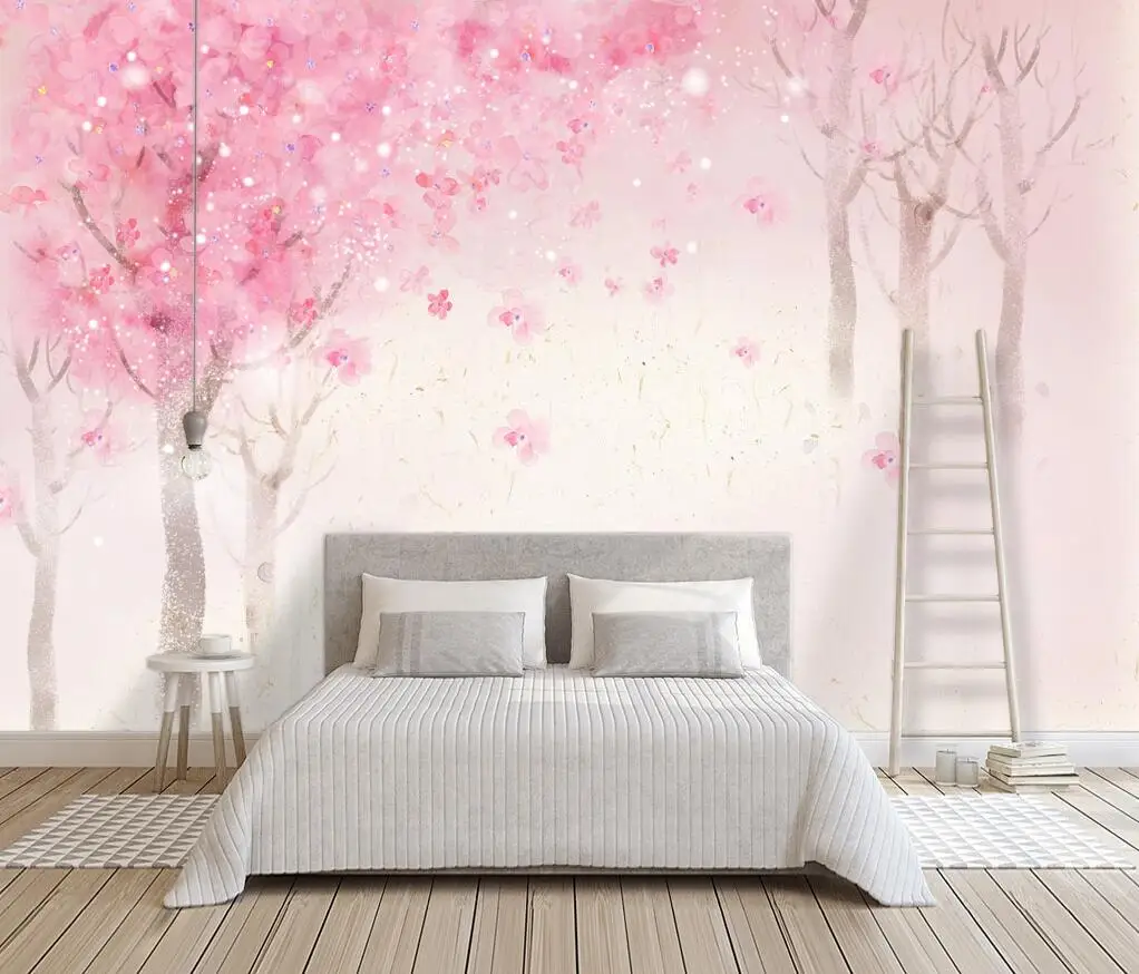 

Pink cherry blossom background wall painting romantic cherry tree forest decoration painting home decoration 3d wallpaper