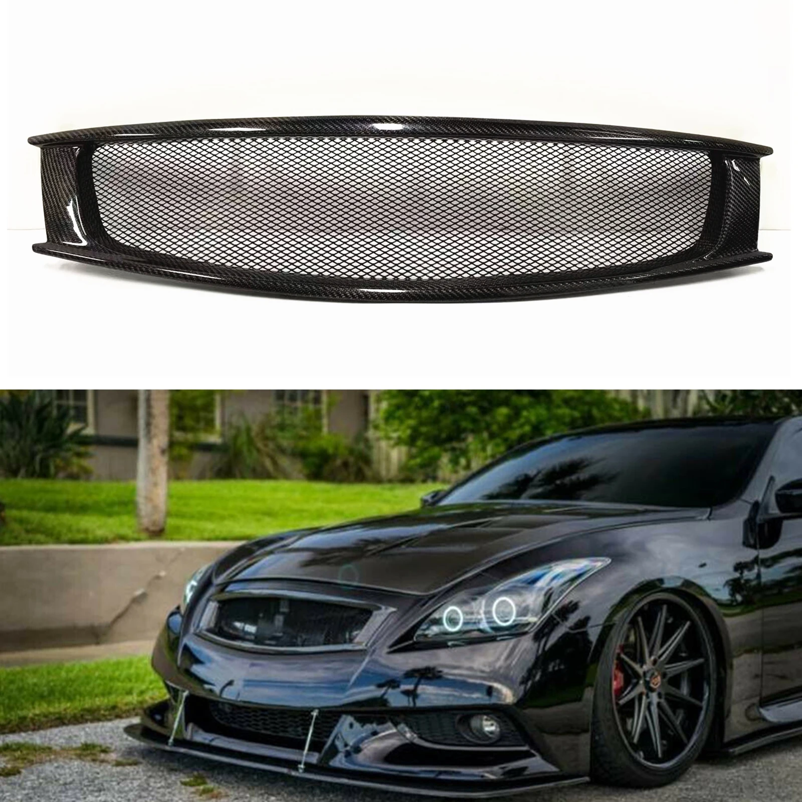 

For Infiniti G G37 2008-2013 Coupe 2 Door Q60 Front Grille Racing Grills Carbon Fiber Car Upper Bumper Hood Mesh Grid Body Kit