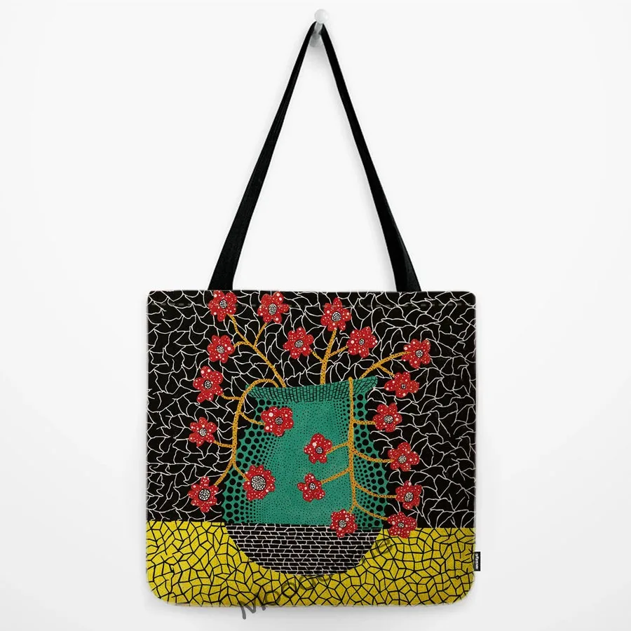 Abstract Graphic Polka Dots Flower Vase Modern Yellow Pumpkin Art Japanese Yayoi Kusama Linen Shopping Tote Bag Shoulder Bag