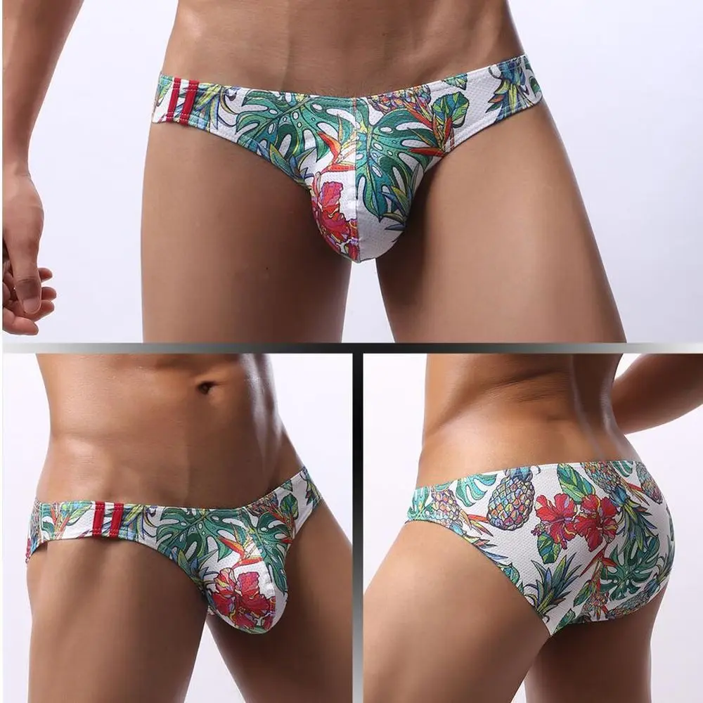 

Men Thong Sexy Lingerie Low Waist Mesh Panties Male Underwear Printed Erotic Briefs Hip Lifting Breathable Underpants Summer