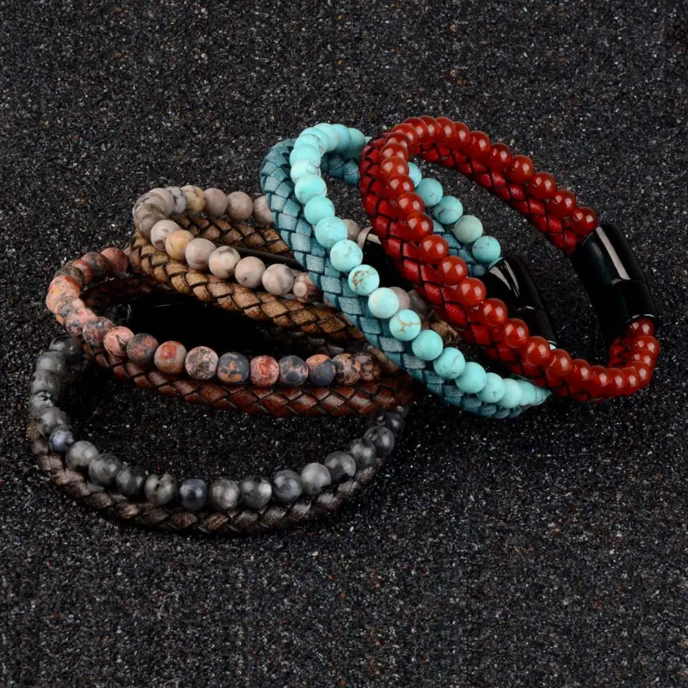 Stainless Steel Magnetic Clasp Leather Bracelet 6mm Tiger Eyes Handmade Braided High Quality Fashion Accessories For Men