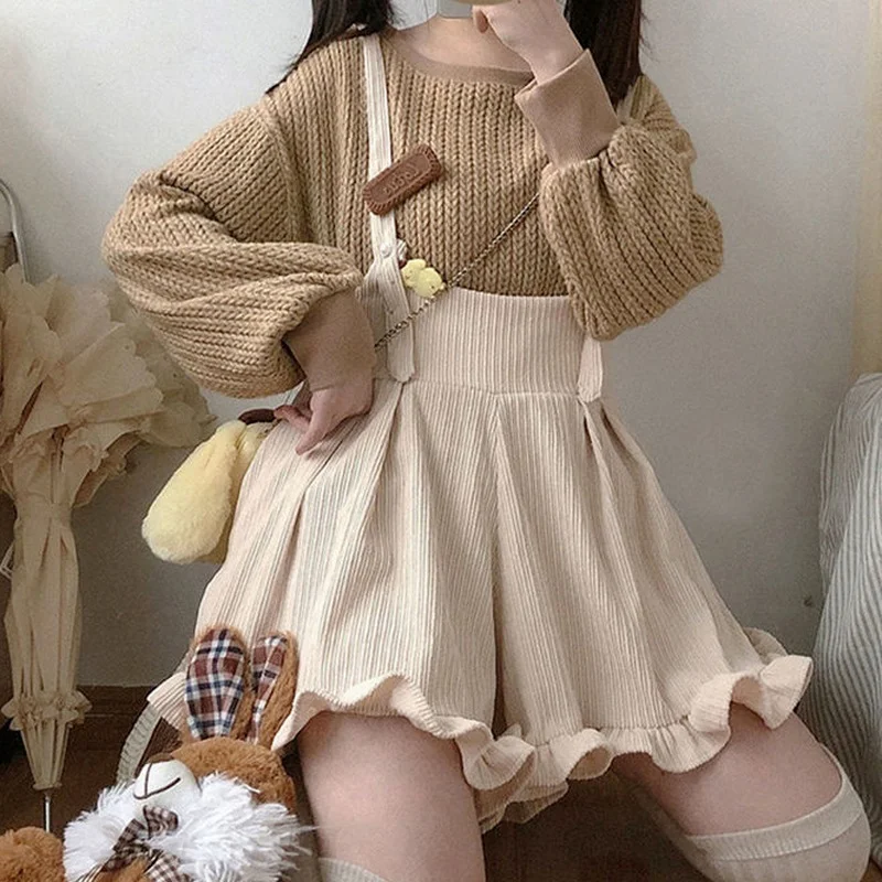 Solid Corduroy Jumpsuit Ladies Lolita Ruffle Loose Spring Korean Kawaii Version of Ulzzang Harajuku Casual Soft Women's Jumpsuit