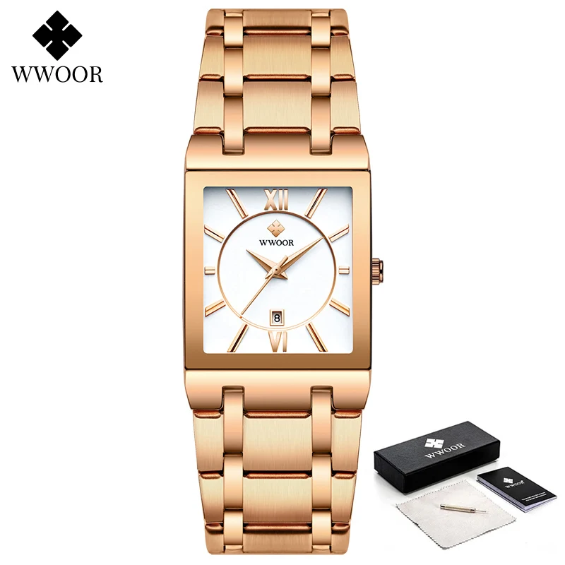 WWOOR-Montre carrée pour femme, nouveau design, marque supérieure, bracelet de luxe, en or rose, à la mode, horloge habillée, 2024