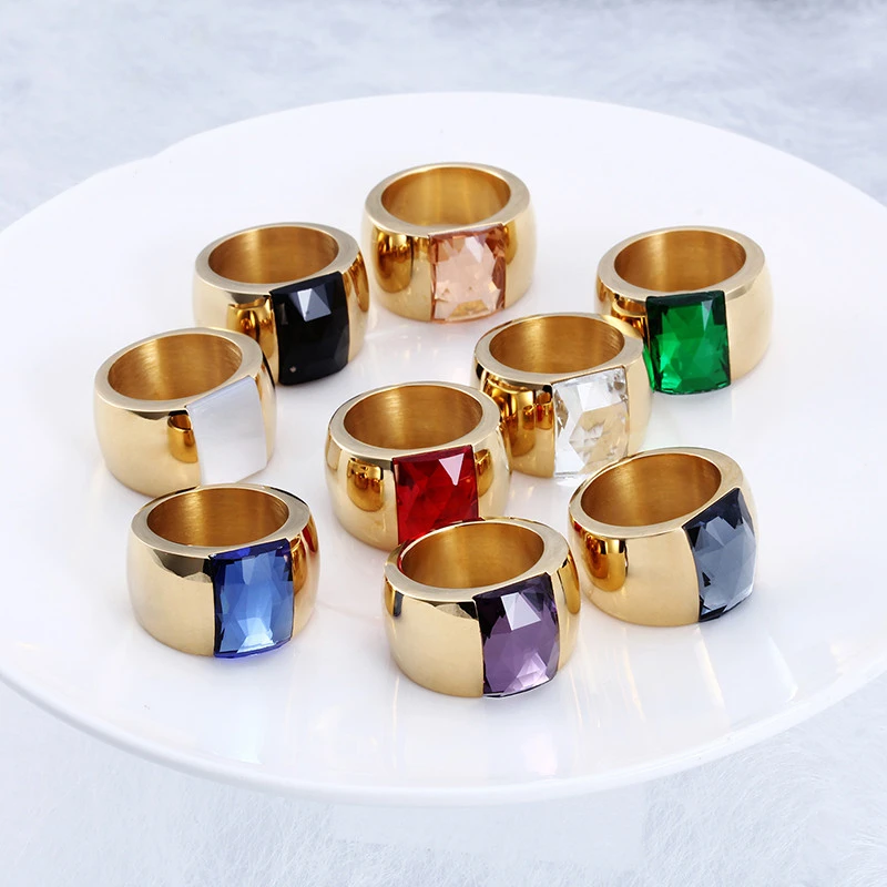 Fashion 18K Gold Color Stainless Steel Rings For Women Sqare Colorful Stone Glass Femme Rings Anillos Mujer Jewelry Gifts