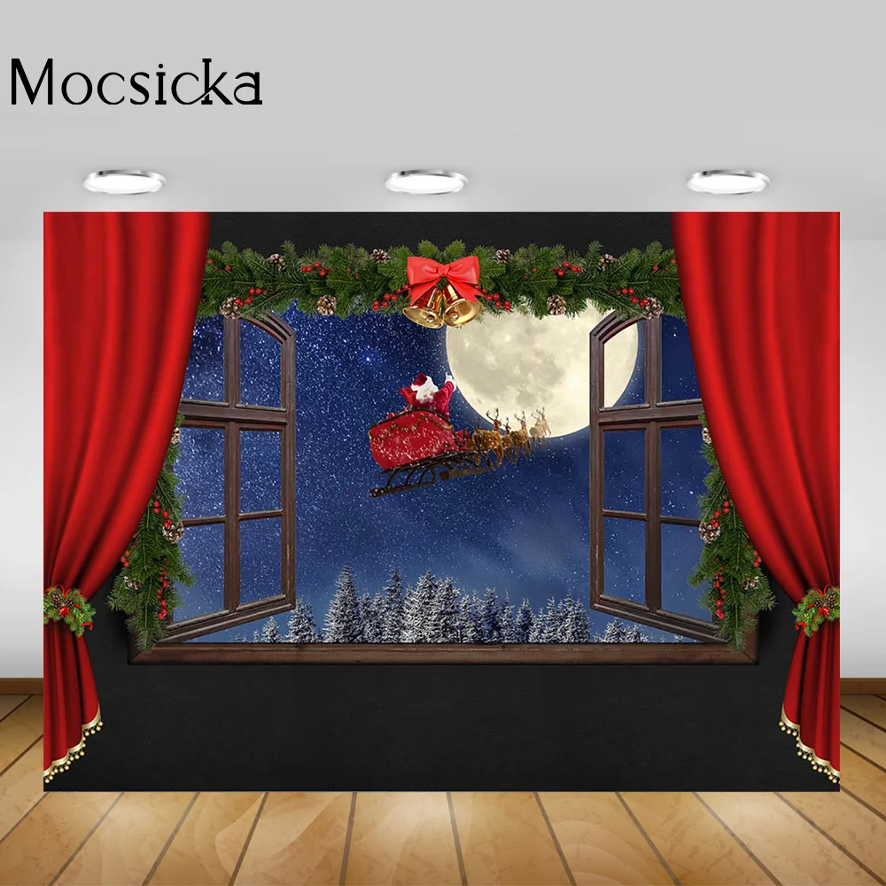 Winter Window Night Portrait Background Photography Red Curtain Christmas Holiday Party Backdrop Santa Claus Big Moon Photoshoot