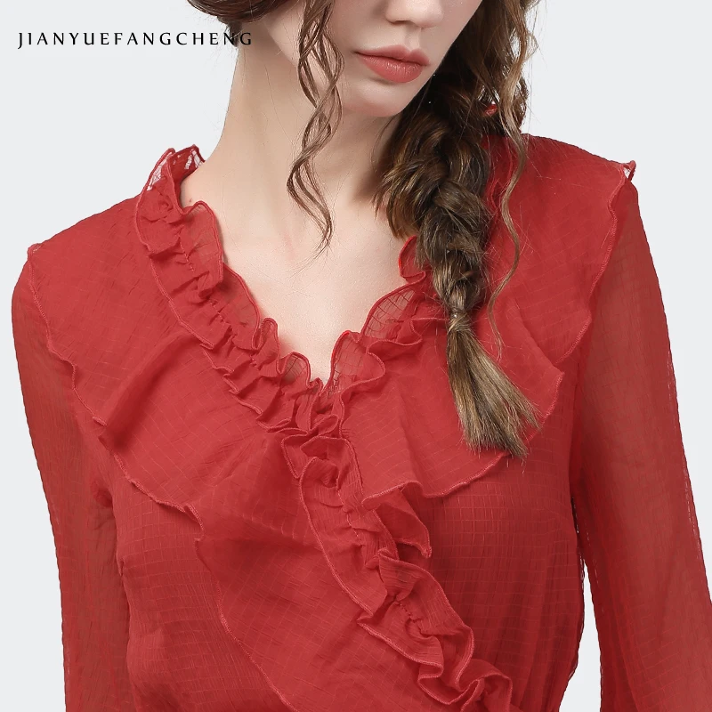 Long Sleeve Red Chiffon Tops Fashion Elastic High Waist Ruffles V-Neck Lantern Sleeved Women Spring Summer Blouses Elegant Slim