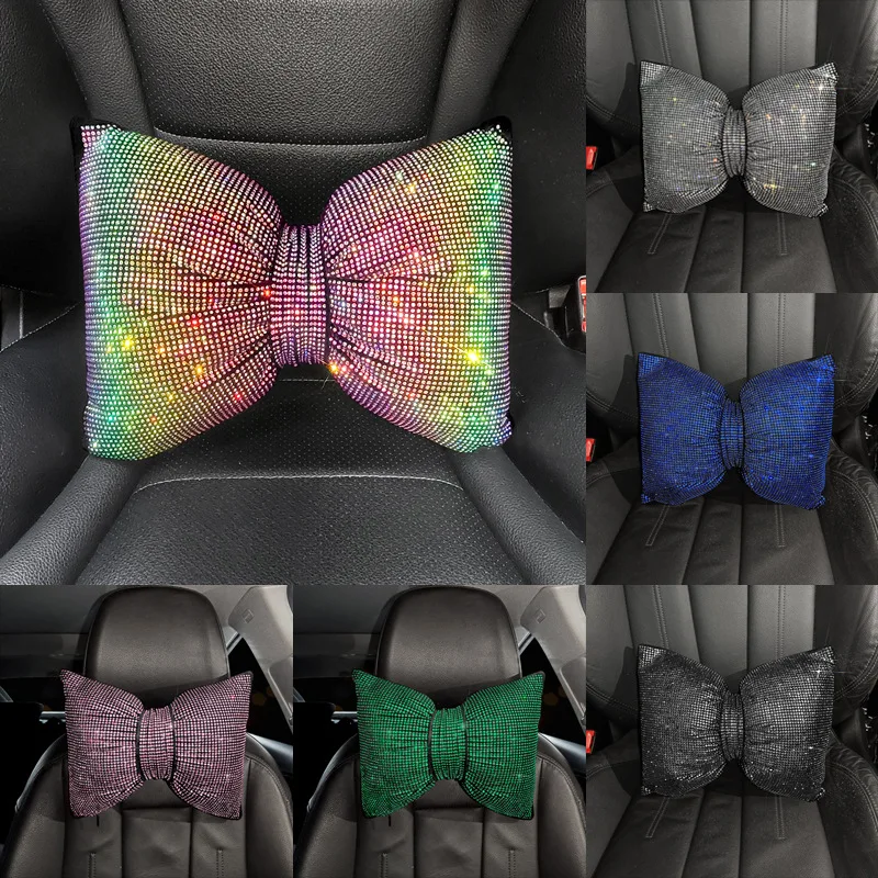 Colorful Rhinestones Full Diamond Bowknot Fashion Sparking Car Interior Ornaments Universal Car Waist Neck Pillow Headrest