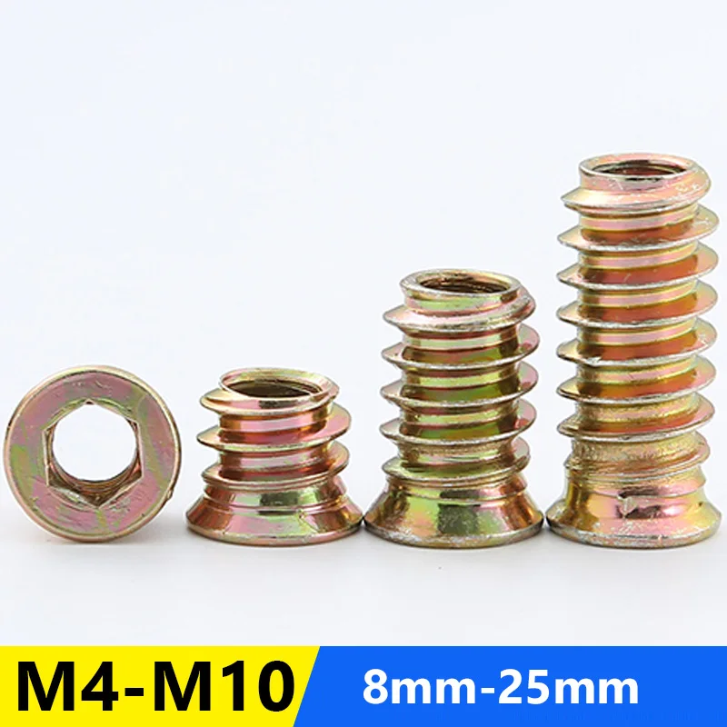 20/50Pcs M6 M8 M10 Flanged Hex Socket Drive Head Furniture Carbon Steel Nut Zinc Alloy Thread For Wood Insert Nuts