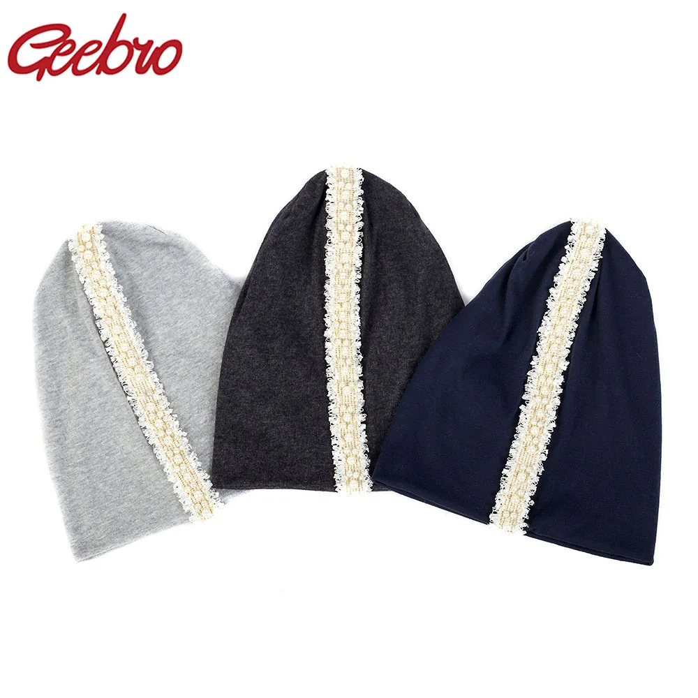 Geebro Women Pearl Lace Ribbon Hats And Caps Soft Autumn Winter Warm Cotton Casual Skullies Beanies Ladies Oversize Hat