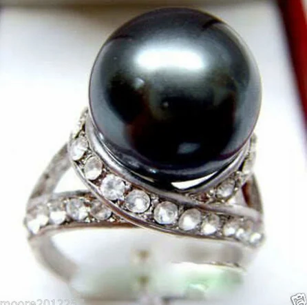 New 12MM Crystal Black Shell Pearl Ring size: 6.7.8.9