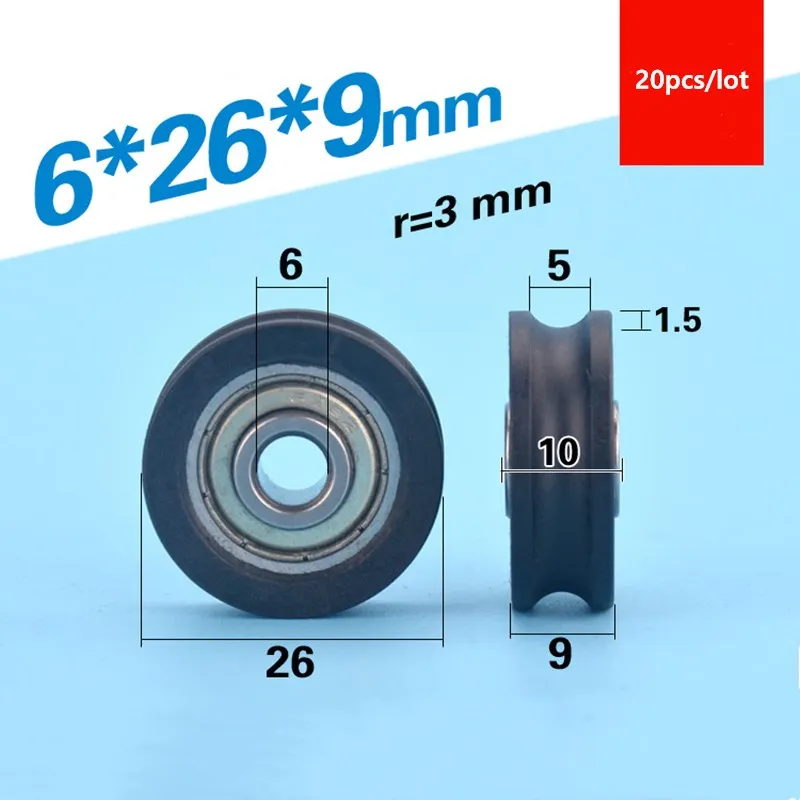 

U groove Plastic coated bearing 6*26*9mm POM track guide roller Perrin wheel nylon pulley Bore size 6mm Diameter 26mm