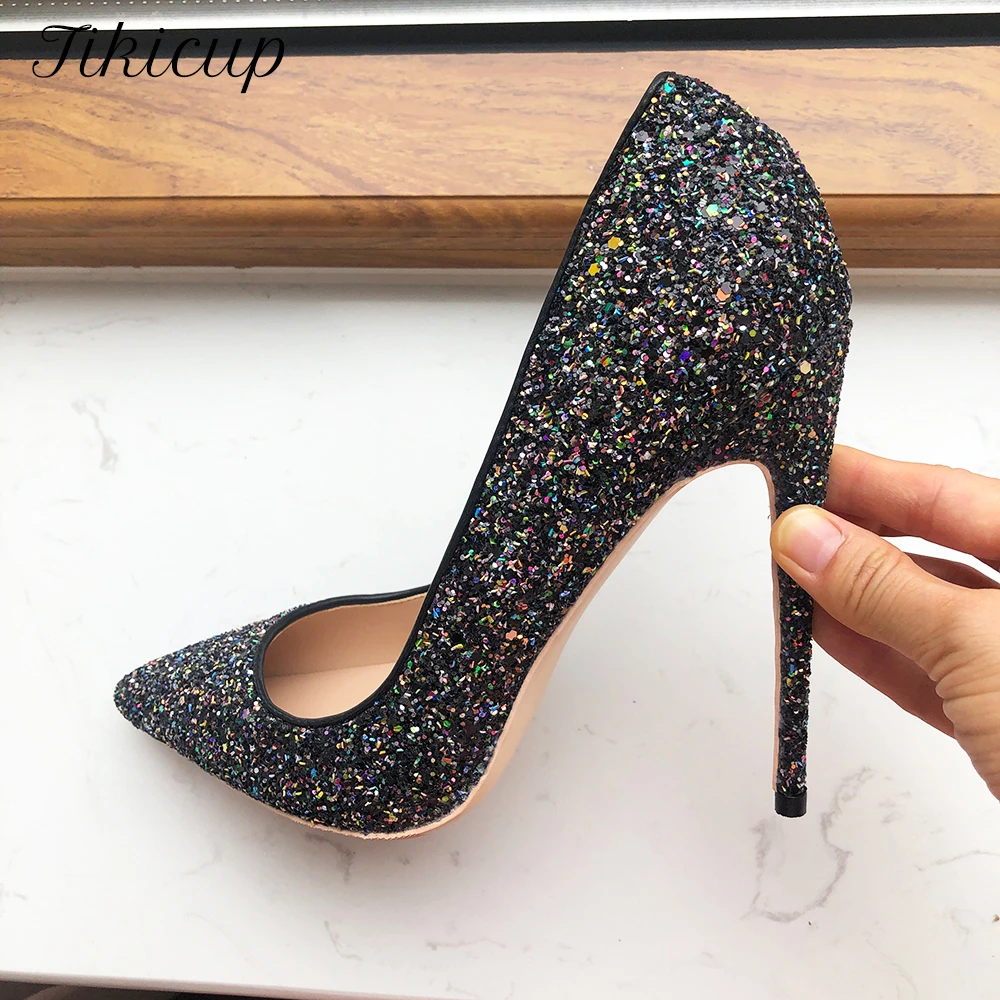 Tikicup Bling Black Sequined Women Sexy Pointy Toe 8-12cm High Heel Party Shoes Comfortable Chic Stiletto Pumps Big Size 33-45