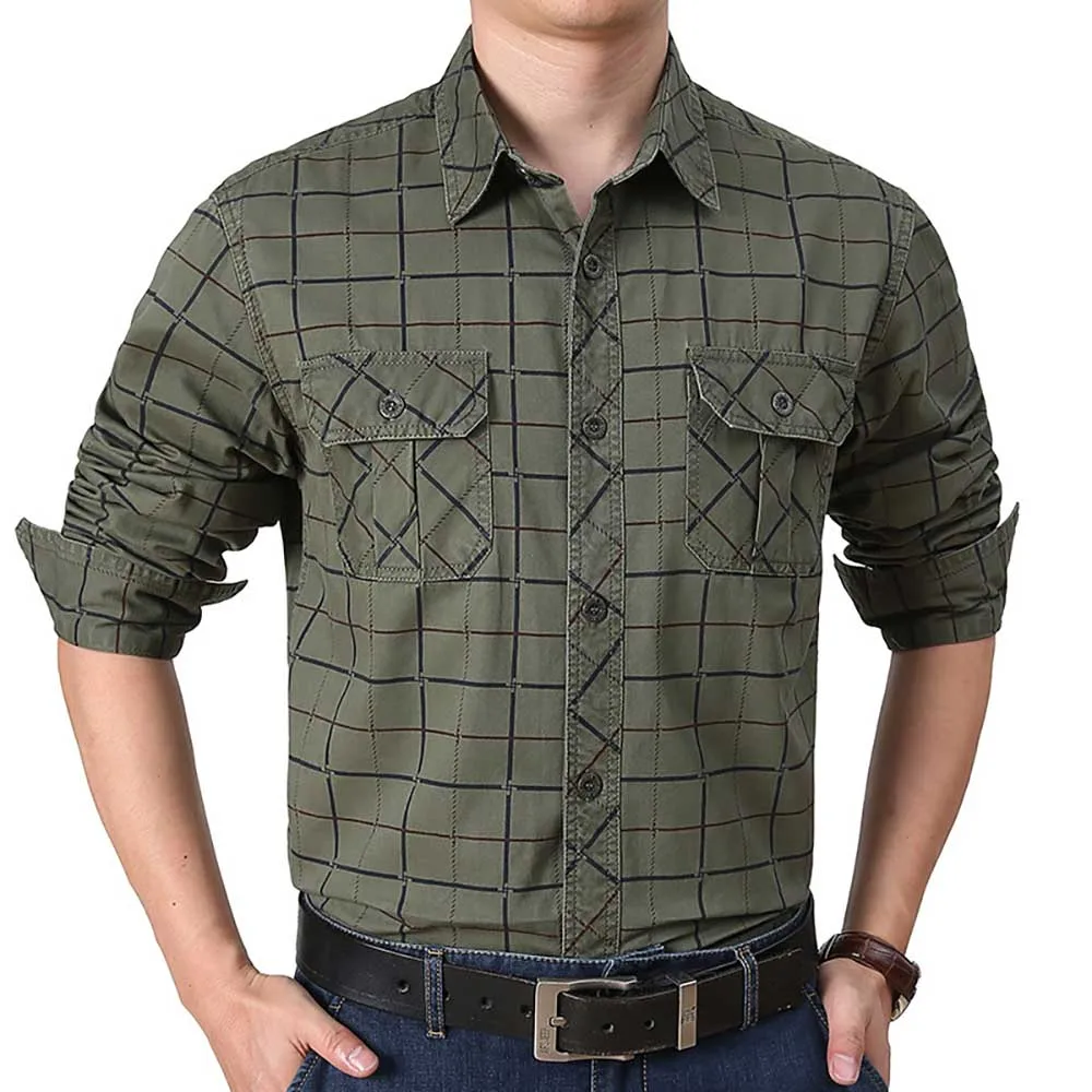 New Fashion Plaid Shirts Men Casual Loose Baggy Plus Size Shirt Full Sleeve Military Style Male Clothing