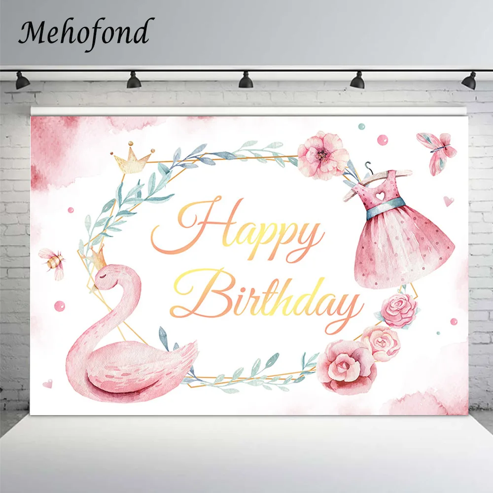 

Mehofond Princess Birthday Banner Backdrop For Photography Pink Swan Dress Flower Girl Party Photo Background Photophone Decor