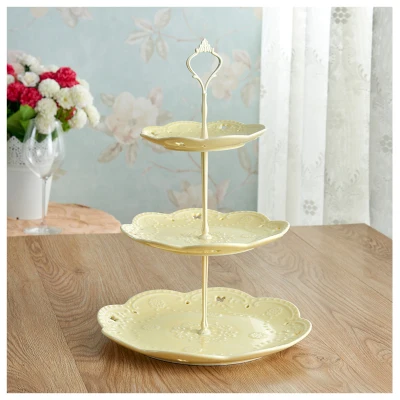 European Candy-colored Ceramic Multilayer Dried Fruit Plate Three-tier Cake Shelf  Round Lace Cutout Embossed  Gold Pole Three-l