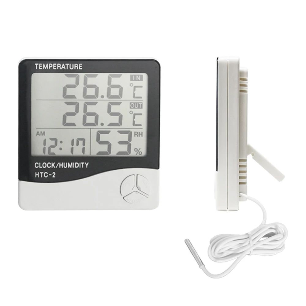 HTC-2 Digital LCD In/Out Thermometer Hygrometer Temperature Humidity Meter Weather Station Alarm Clock 1m External Probe