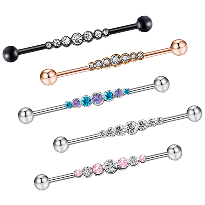 

JUNLOWPY Wholesales Crystal Industrial Earrings Barbell Piercing Bar Set Mix 5 color 38mm 14g for cartilage earrings tragus ear