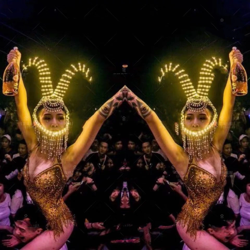 Headdress bodysuit Lumious Ed horns headwear nightclub bar gogo dance ds stage show luminous costumes