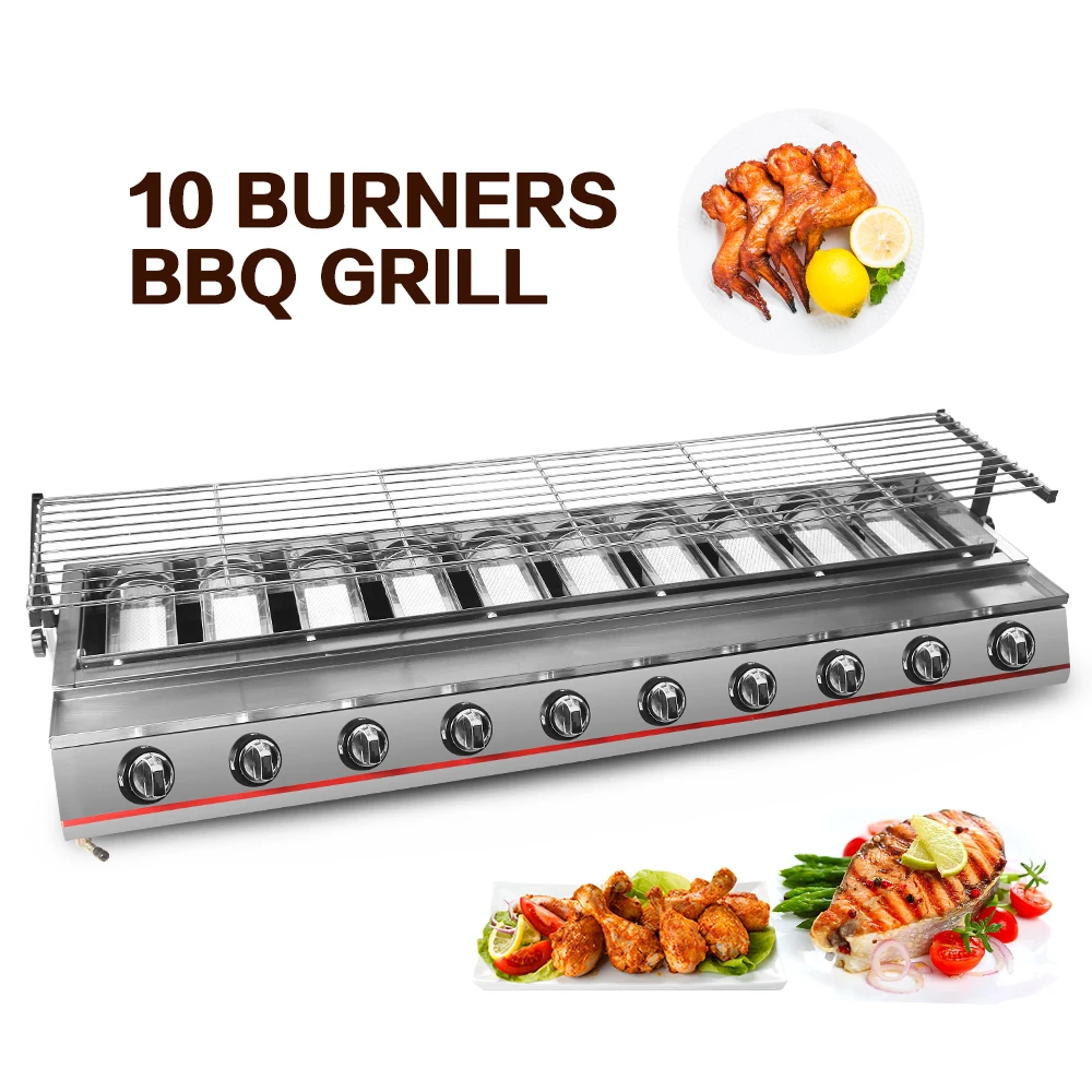 10 Burners Steel BBQ Grill Gas Smokeless Stove Glass Or Steel Covers Adjusting Height Kebab Meat Roaster Grill Camping Outdoors